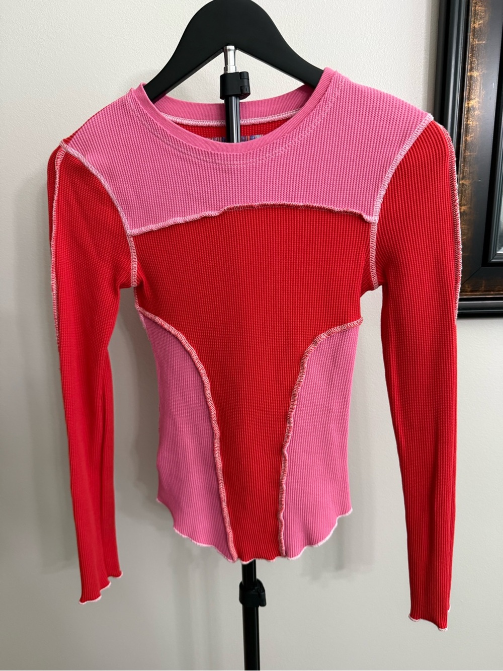 Urban Outfitters Pink & Red Long-Sleeve Ribbed Colorblock Top
